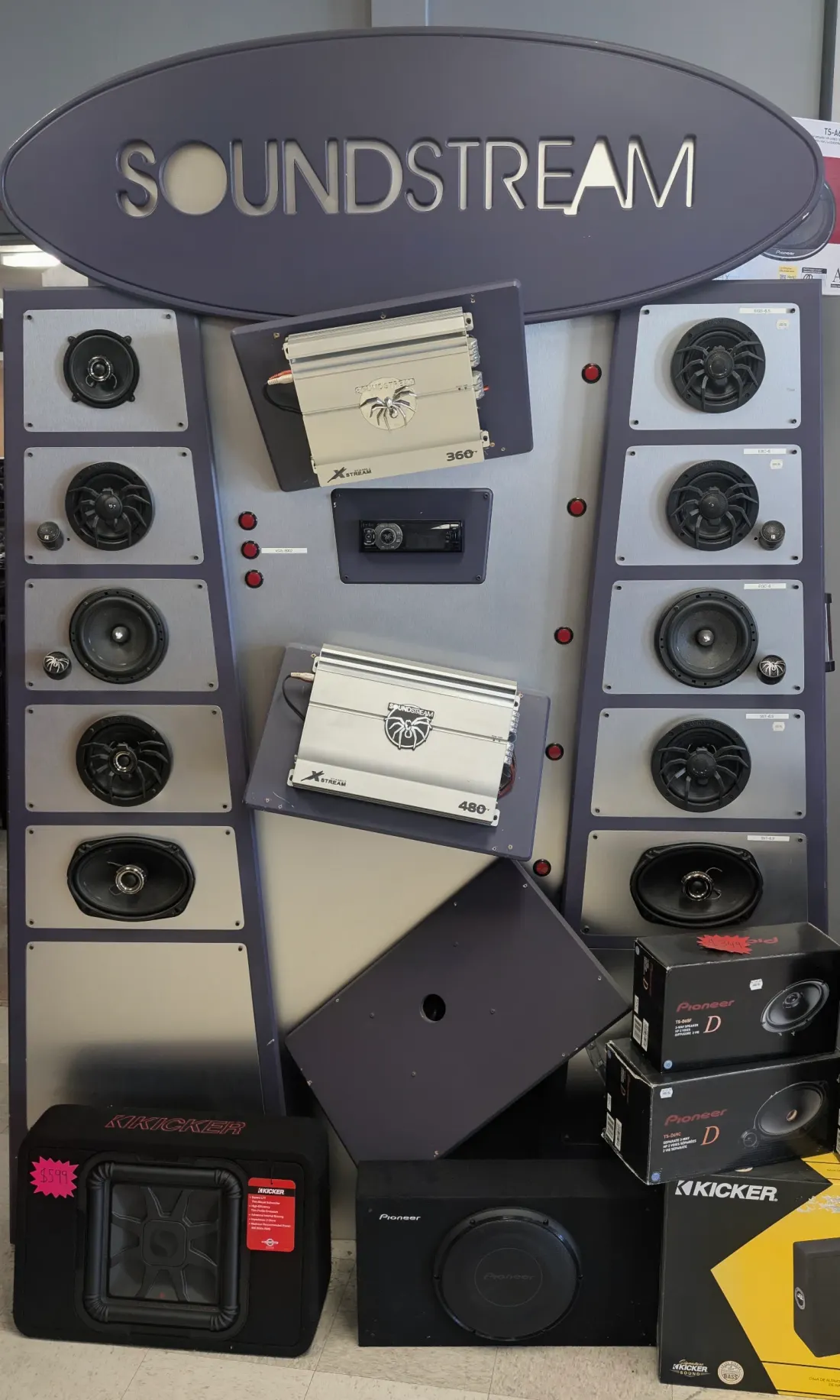 Soundstream speaker, amplifier and subwoofer display board on the shop floor